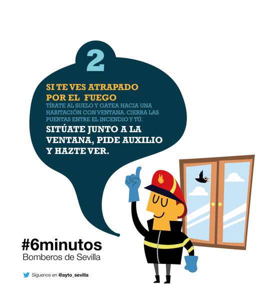 2.- Si te ves atrapado por el fuego, tírate al suelo y gatea hacia una habitación con ventana, cierra las puertas entre el incendio y tú. Sitúate junto a la ventana, pide auxilio y hazte ver.