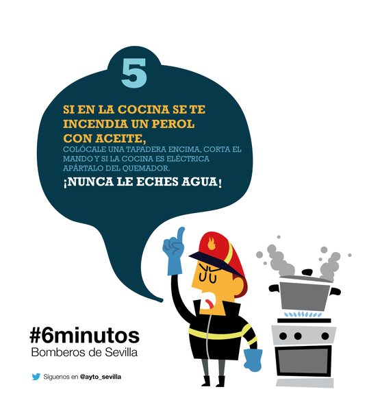 5.- Si en la cocina se te incendia un perol con aceite, colócale una tapadera encima, corta el mando y, si la cocina es eléctrica, apártalo del quemador.
